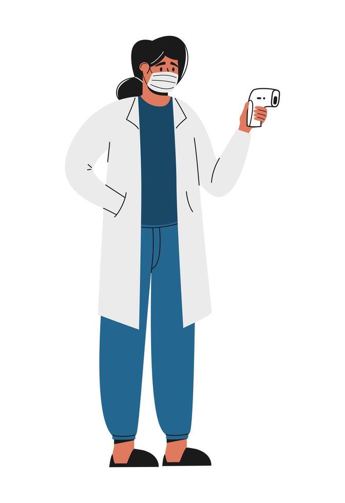 Cartoon illustration therapist woman with non-contact infrared thermometer. Heat, fever, hyperthermia diagnostics. Temperature measurement control. Health care. Flat vector cute character. Isolated.