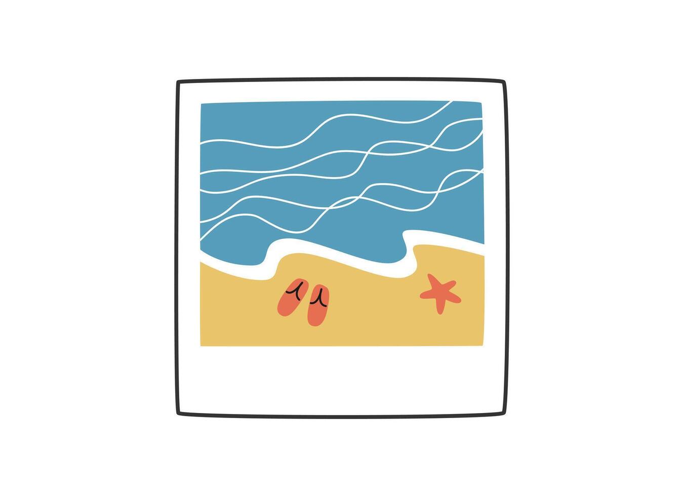 Hand drawn cute summer cartoon illustration of beach photo. Flat vector picture of sea coast sticker in colored doodle style. Happy travel memories icon or print. Isolated on white background.