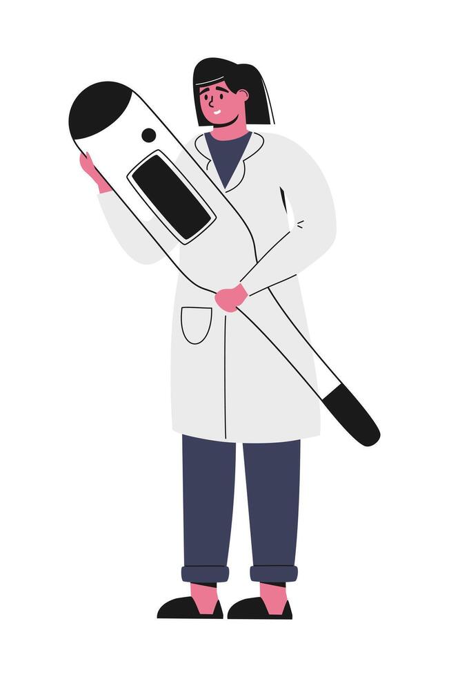 Cartoon illustration of happy therapist woman with big thermometer. Heat, fever, hyperthermia diagnostics. Doctors consultation. Health care, medicine concept. Flat vector cute character. Isolated.