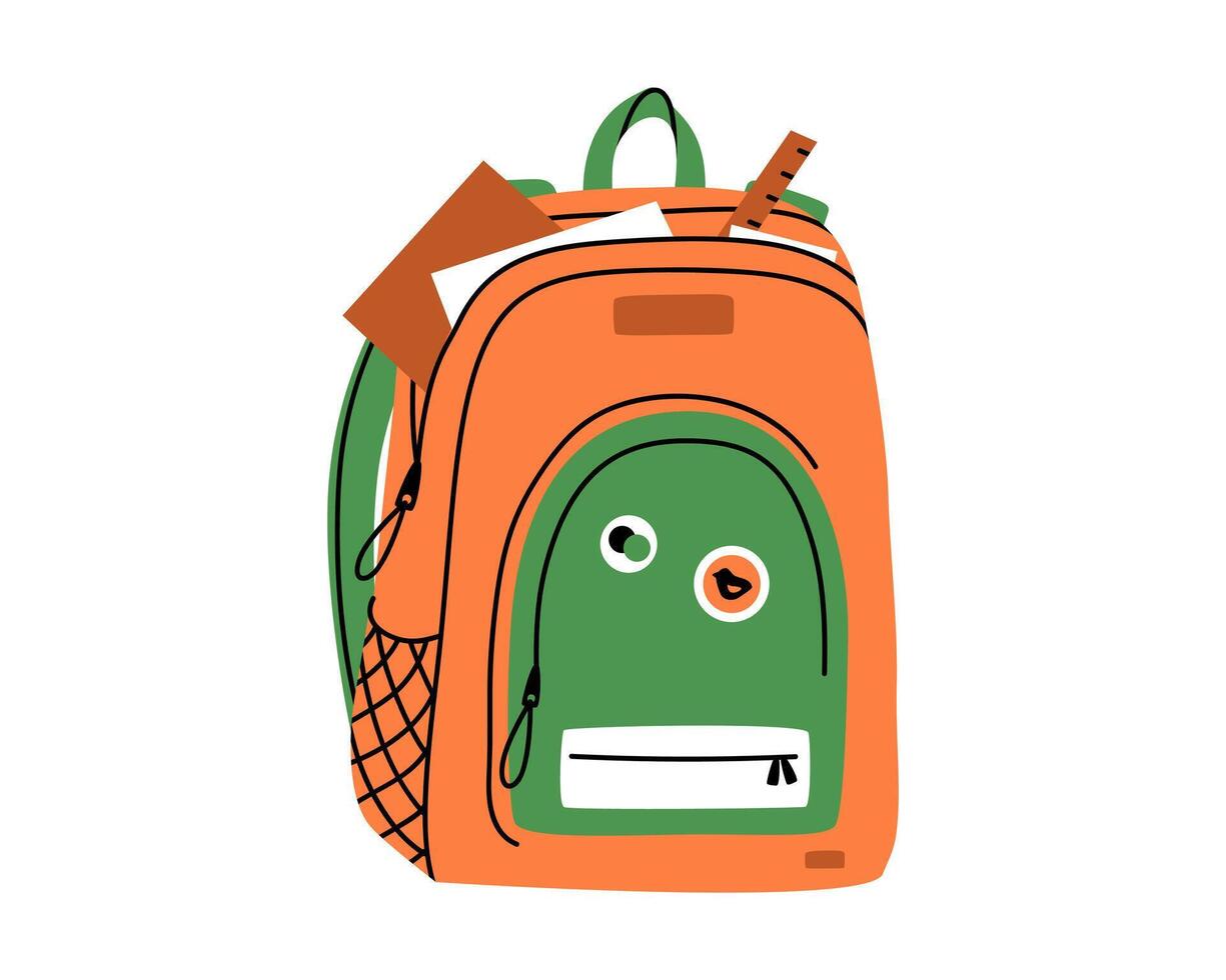 Hand drawn cute illustration of school classic backpack. Flat vector college bag with stationery in colored doodle style. Education or study sticker, icon. Back to school. Isolated on white background
