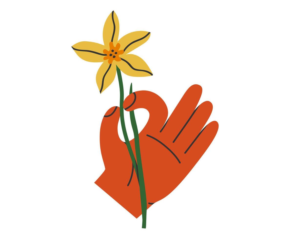 Hand drawn cute cartoon illustration of hand with narcissus. Flat vector arm holds the spring flower sticker in colored doodle style. Blooming daffodil, botany icon or print. Isolated on background.
