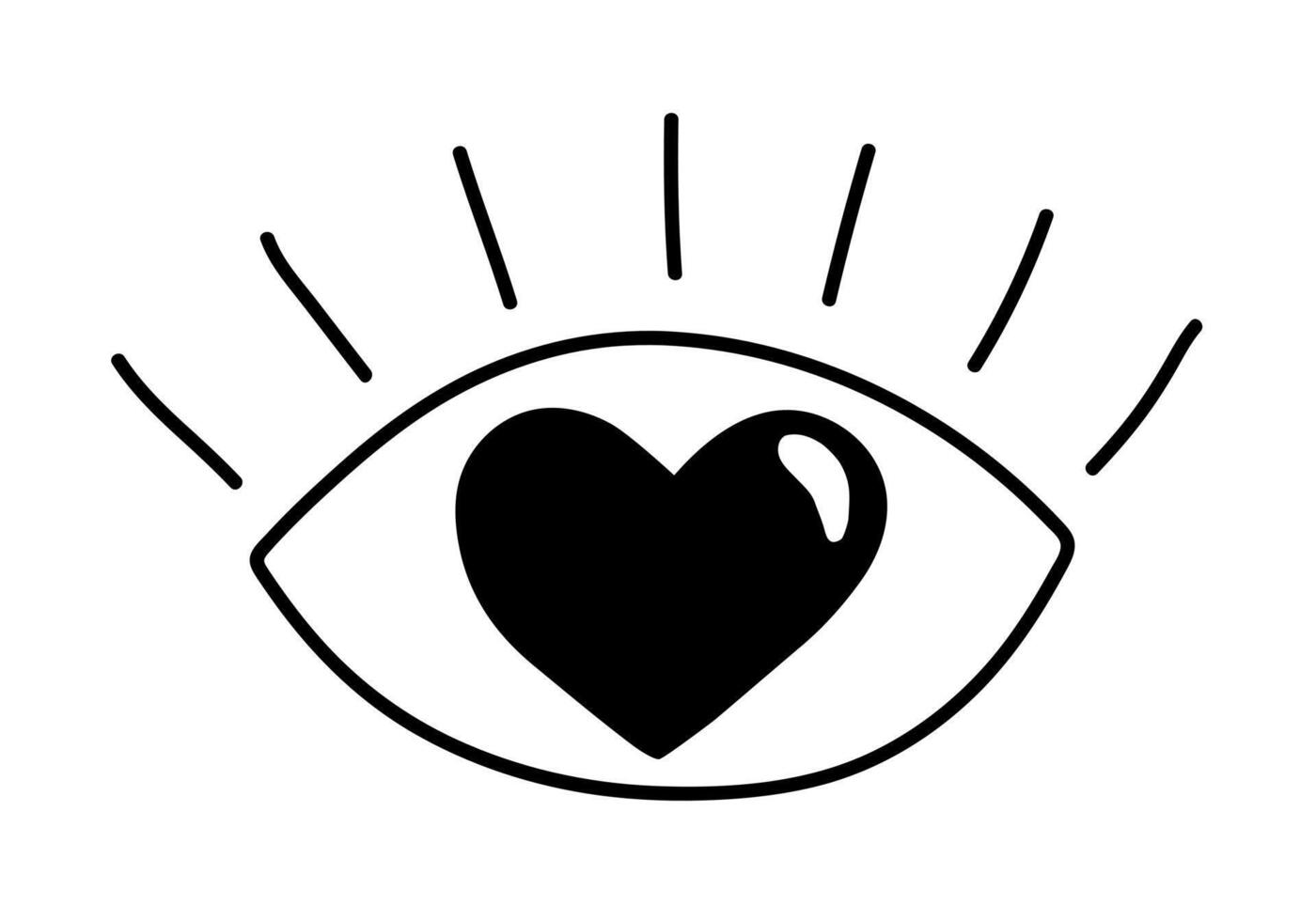 Hand drawn cartoon illustration of outline eye, optic with heart shaped iris. Cute doodle simple valentines day line art. Flat vector love, romantic, sticker, icon or print. Isolated.