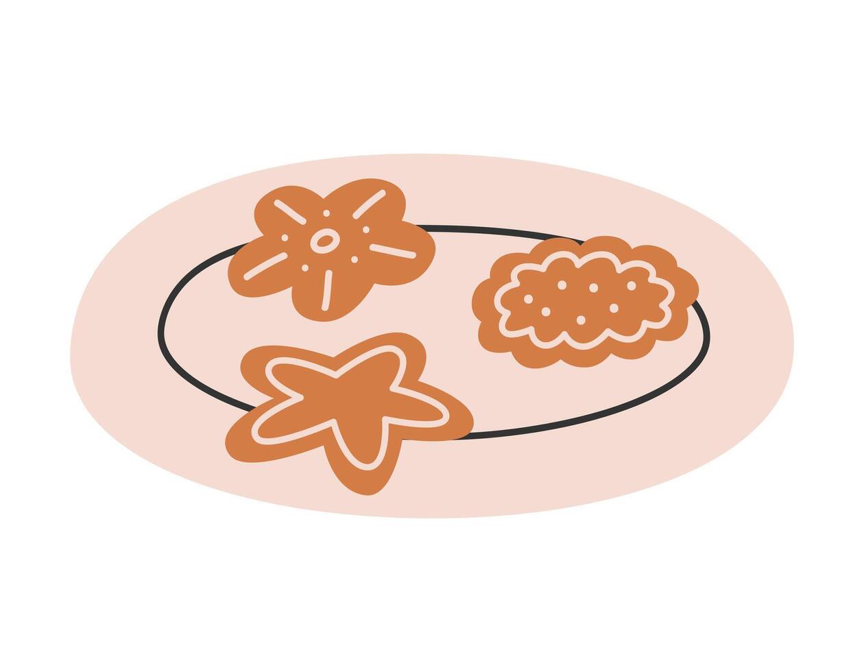 Hand drawn cute cartoon illustration of gingerbread cookie on the plate. Flat vector Christmas ginger snap sticker in colored doodle style. New Year, Xmas icon or print. Isolated on background.