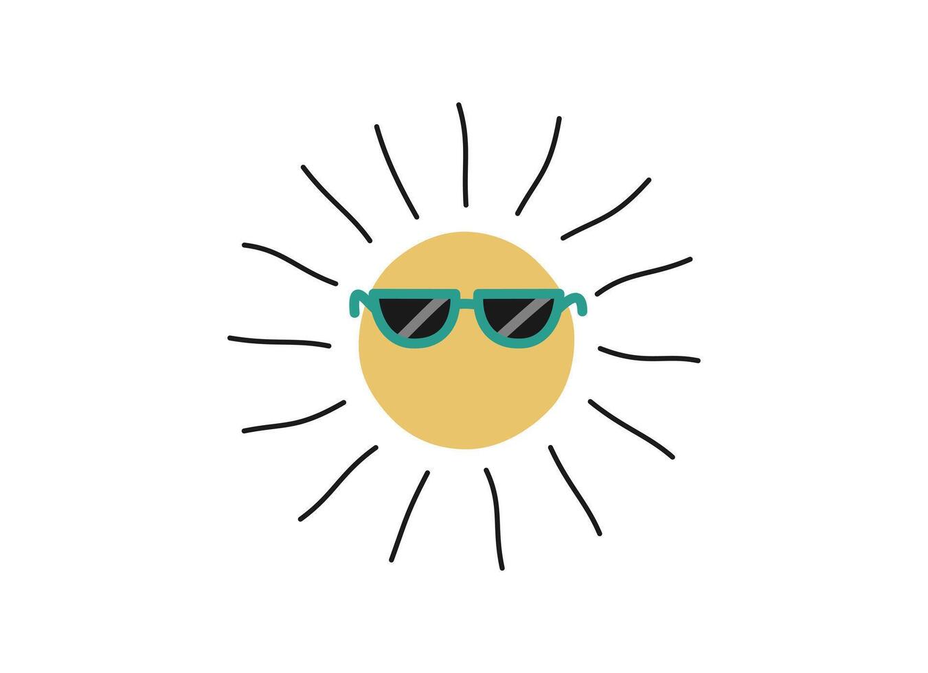 Hand drawn cute summer cartoon illustration of sun with sunglasses. Flat vector sunlight sticker in colored doodle style. Hot weather icon or print. Isolated on white background