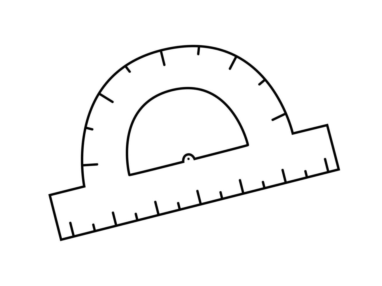 Hand drawn cute outline illustration of school protractor. Flat vector college stationery measuring tool in line art doodle style. Education or study sticker, icon. Back to school. Isolated on white.