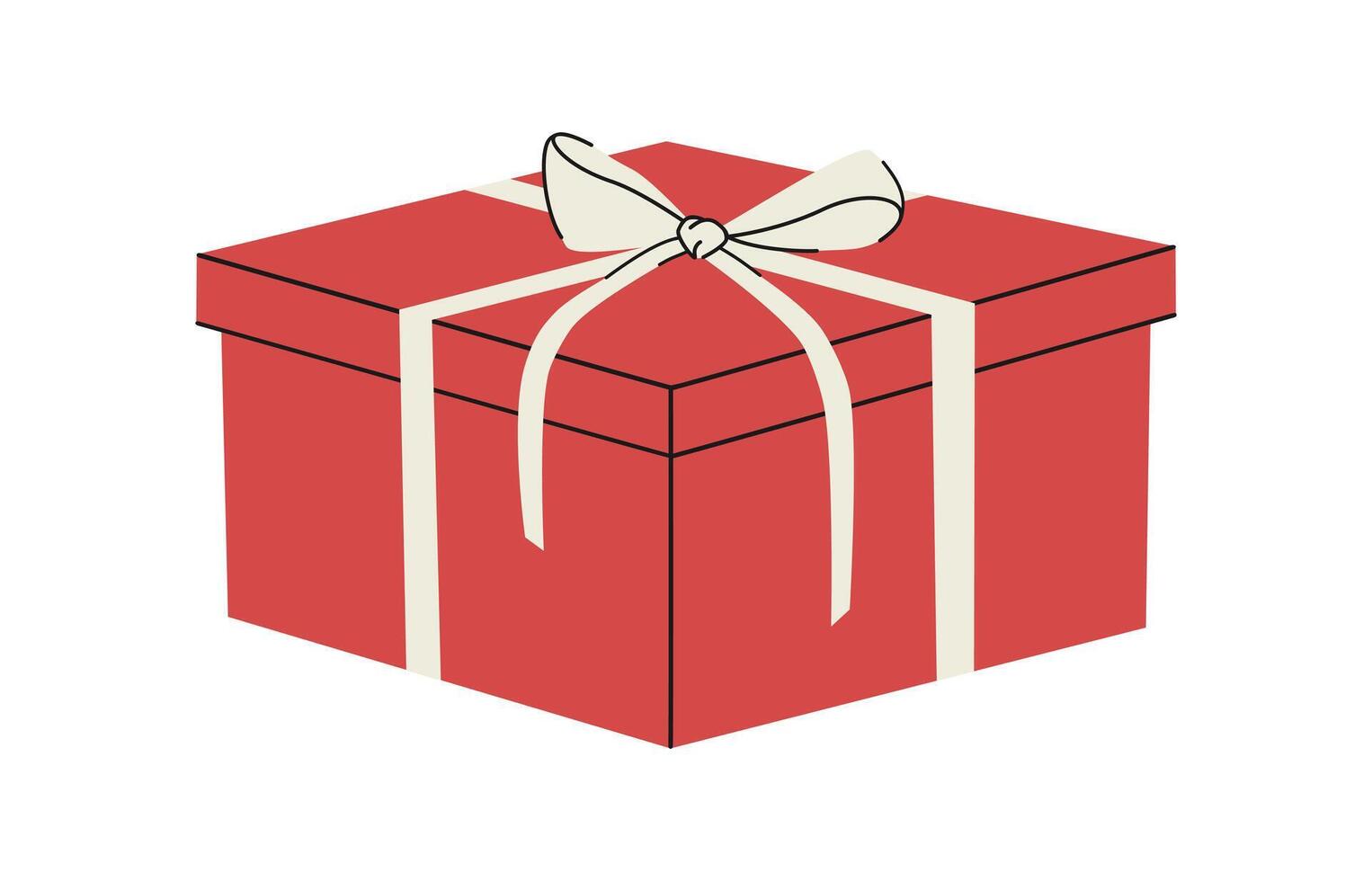 Hand drawn modern illustration of red gift box with white bow. Christmas birthday holiday present. Flat vector sticker or icon in simple colored doodle style. Isolated on white background.