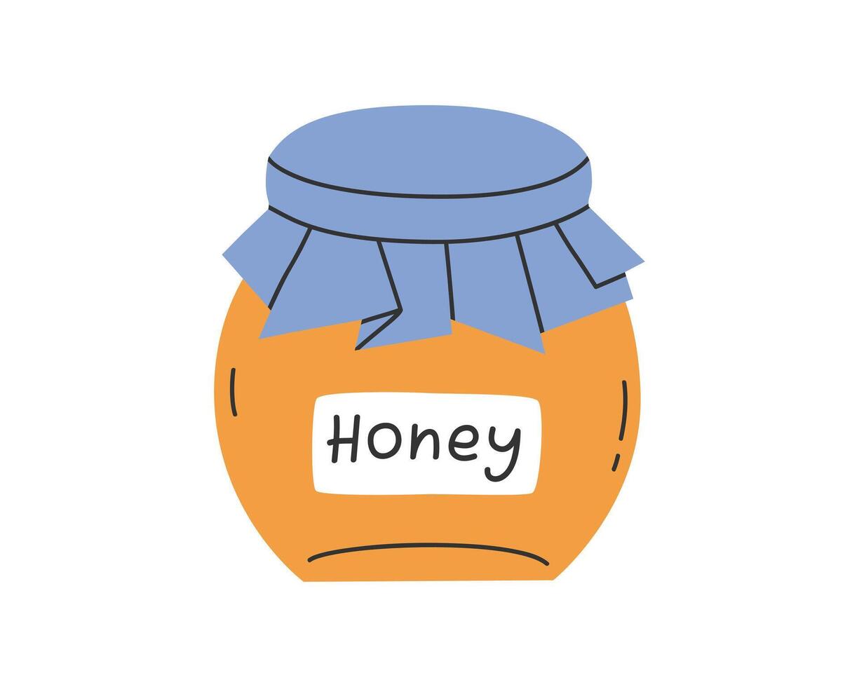 Hand drawn cute illustration of jar with honey. Flat vector sweet syrup in bank in simple colored doodle style. Organic candy sticker, icon or print. Isolated on white background.