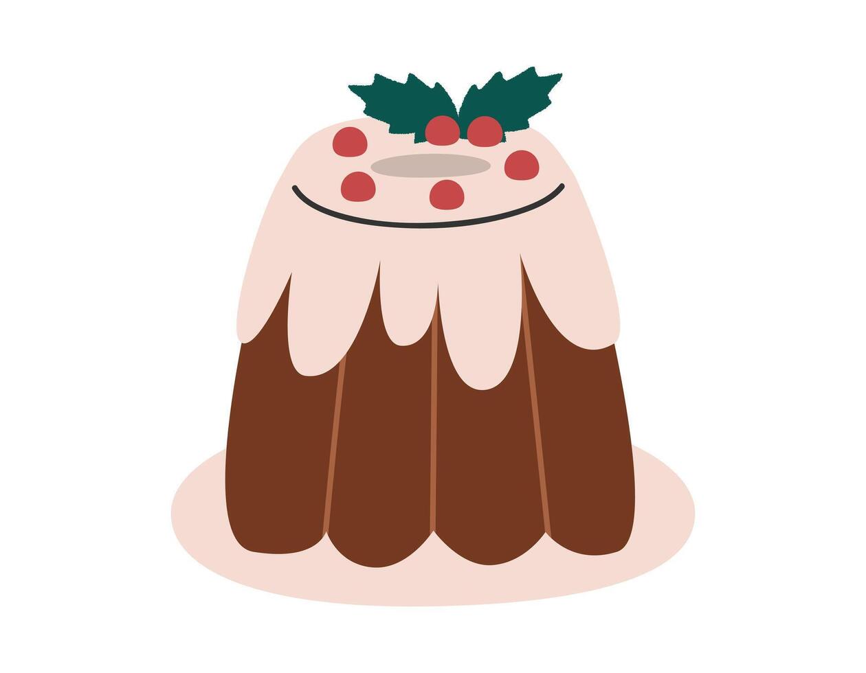 Hand drawn cute cartoon illustration of Christmas pudding. Flat vector Christmas sweet traditional dessert sticker in colored doodle style. New Year, Xmas icon or print. Isolated on background.