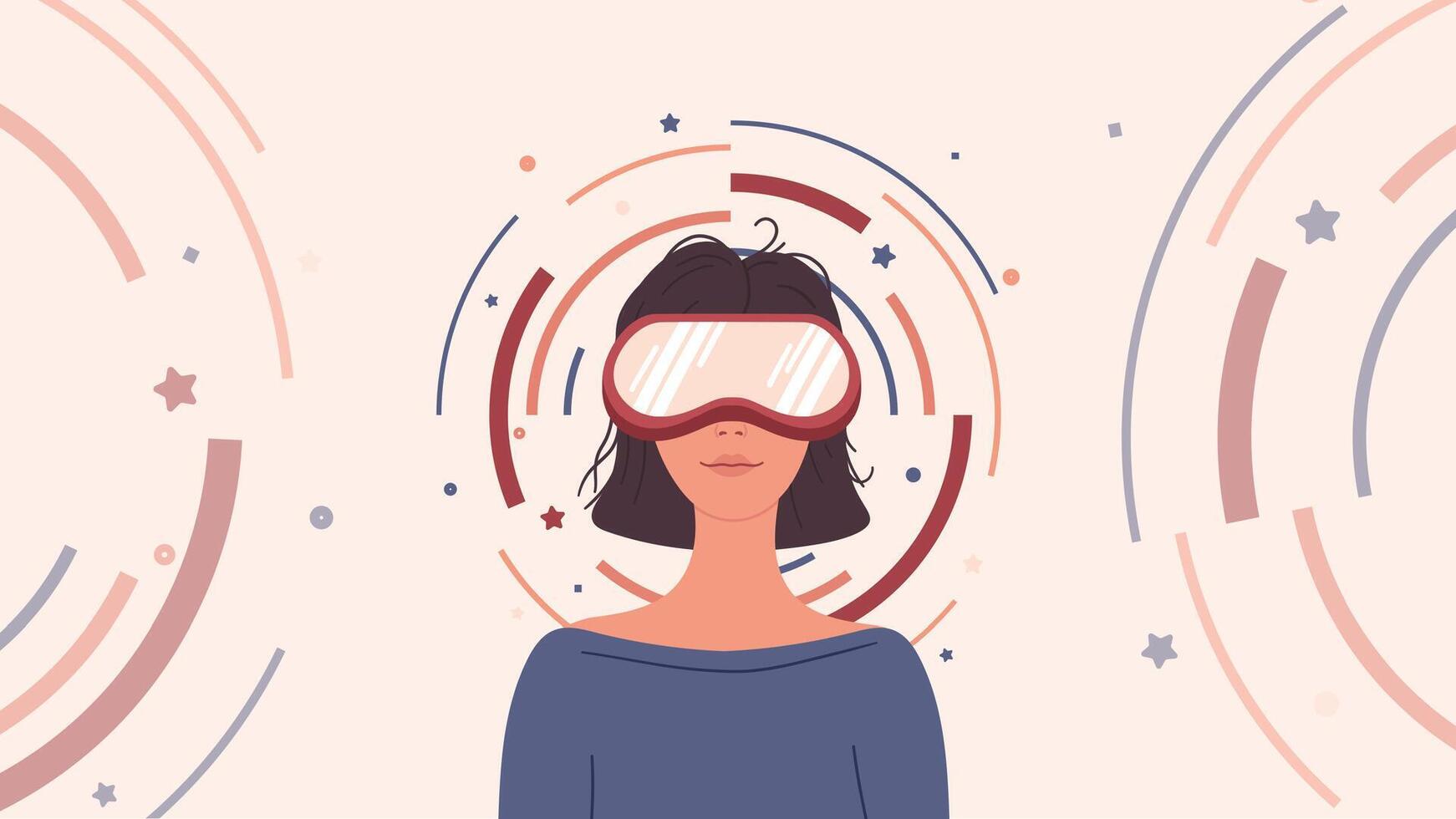 Girl looking through virtual reality goggles. Modern woman in futuristic glasses. Colored flat cartoon, person working with VR headset. Vector illustration