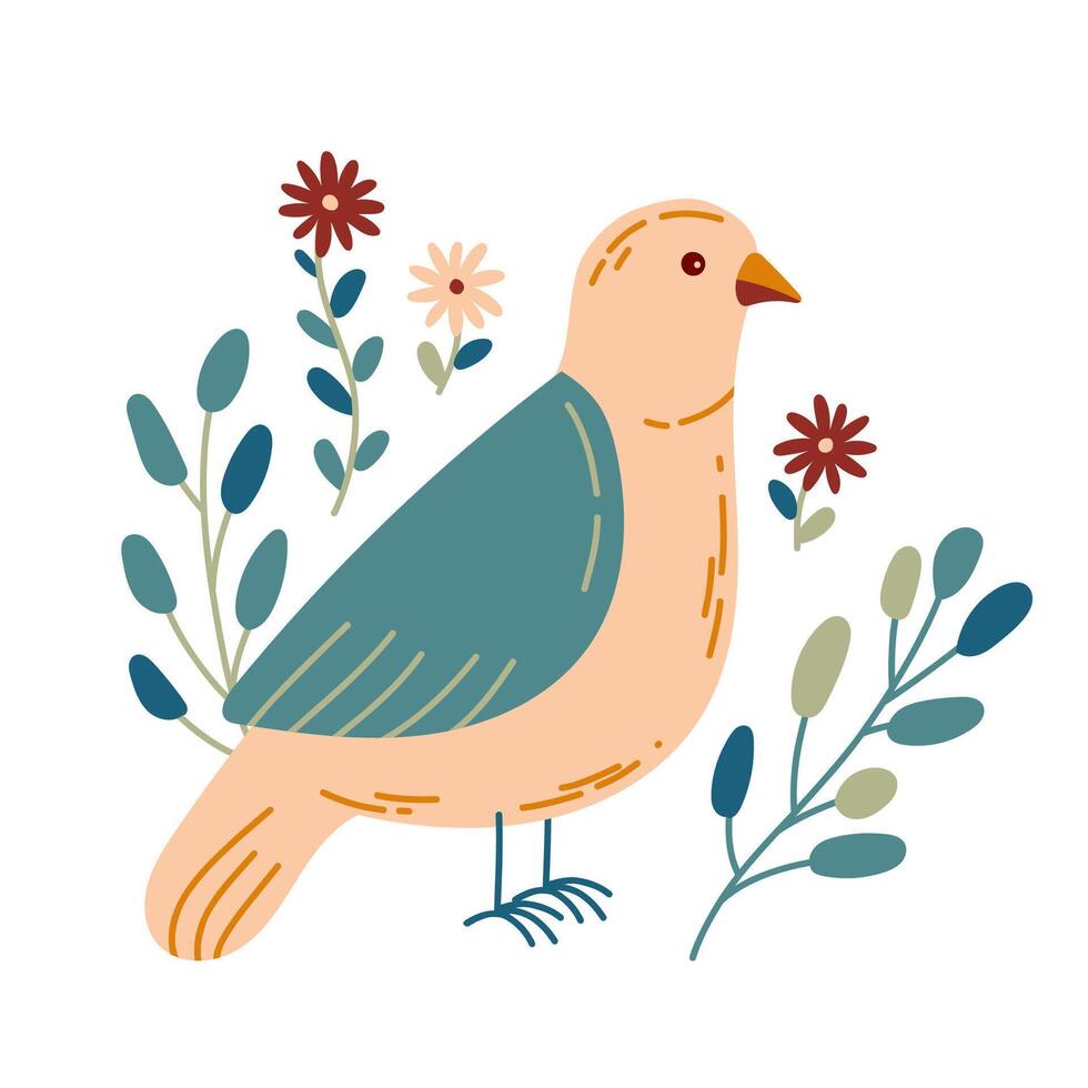 Bird and flowers with different ornaments. Bird in simple cartoon style. Flat vector illustration