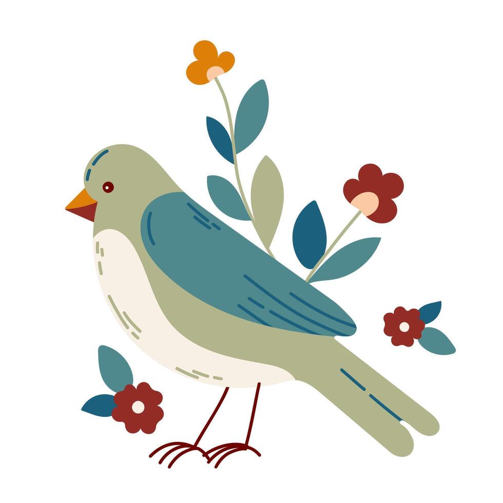 Bird and flowers with different ornaments. Bird in simple cartoon style. Flat vector illustration