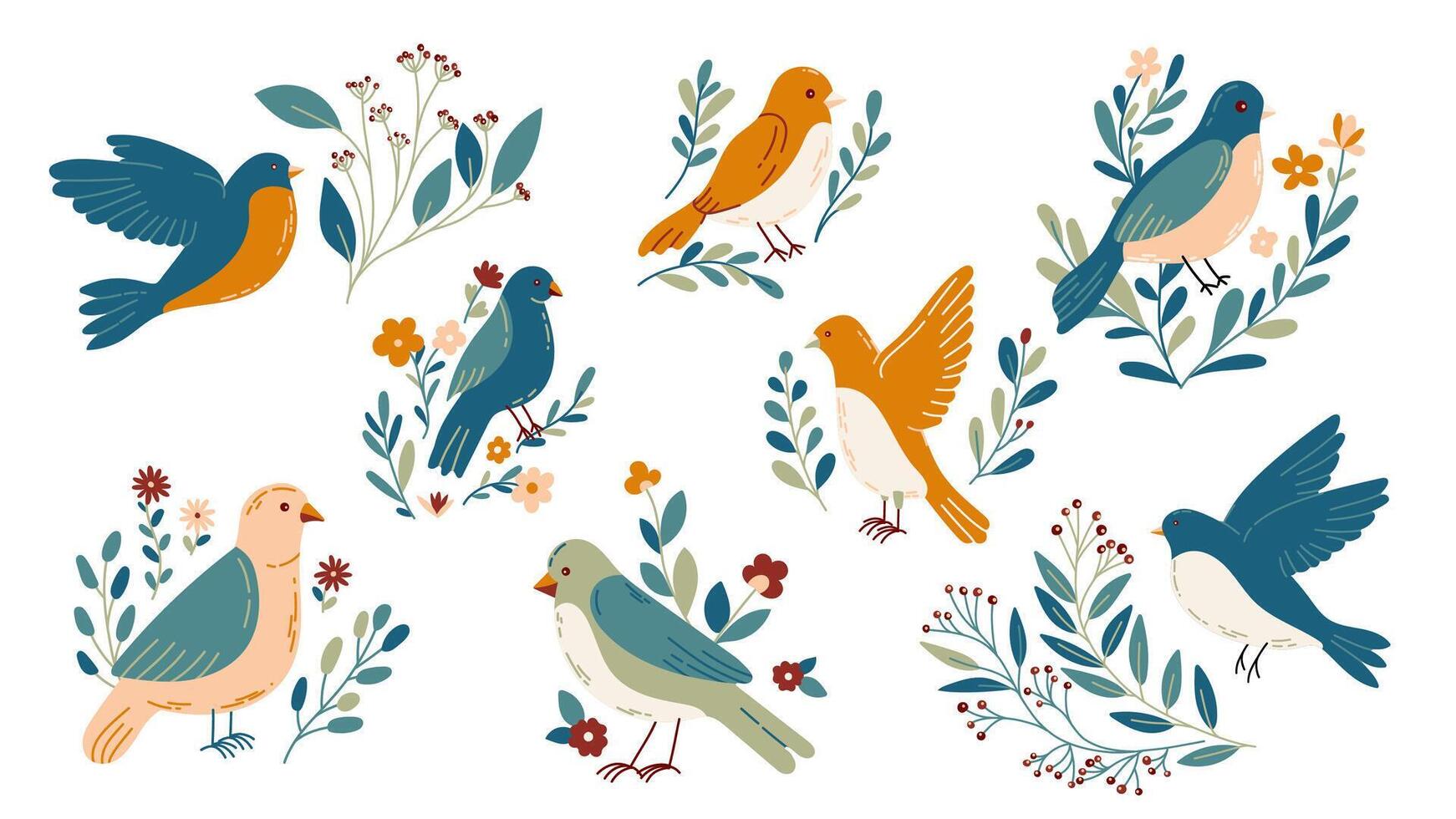 Birds and flowers with different ornaments. Bird in simple cartoon style. Flat vector illustration