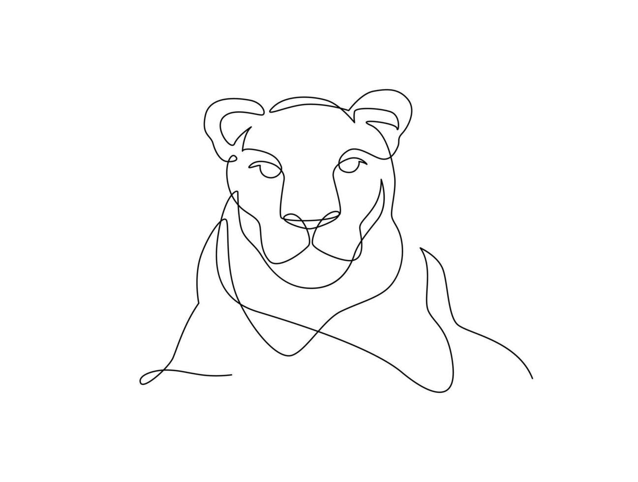 Lioness head continuous line drawing. Front view single linear decorative design concept. Lion abstract linear minimal style, Hand drawn isolated on white background. Vector design illustration.
