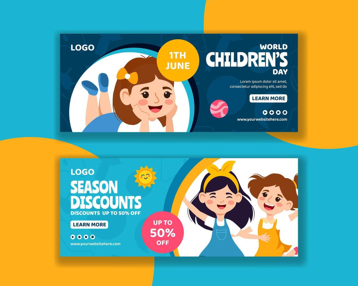 Children Day Horizontal Banner Flat Cartoon Hand Drawn Templates Background Illustration vector