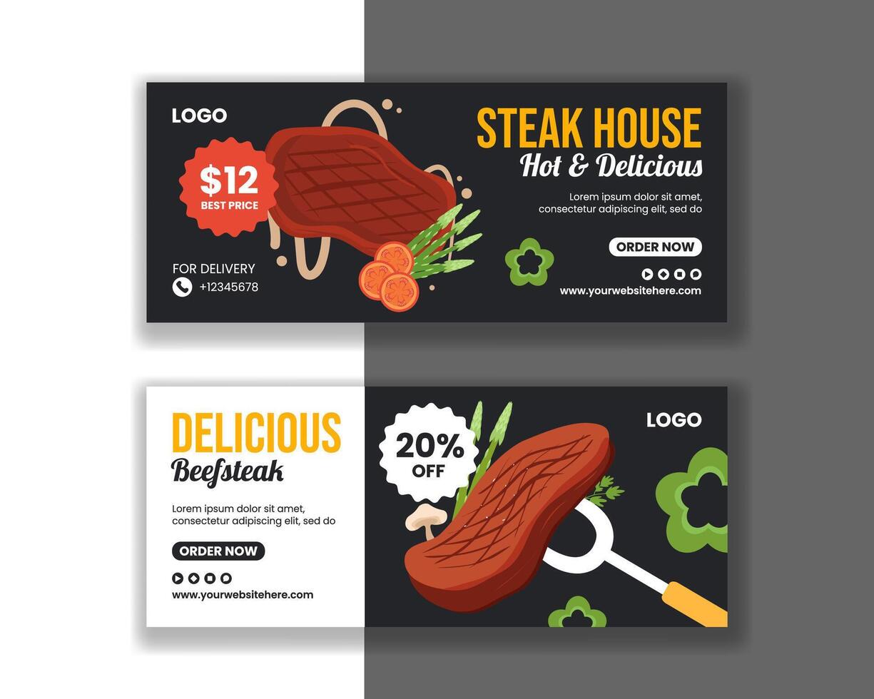 Steakhouse Horizontal Banner Flat Cartoon Hand Drawn Templates Background Illustration vector