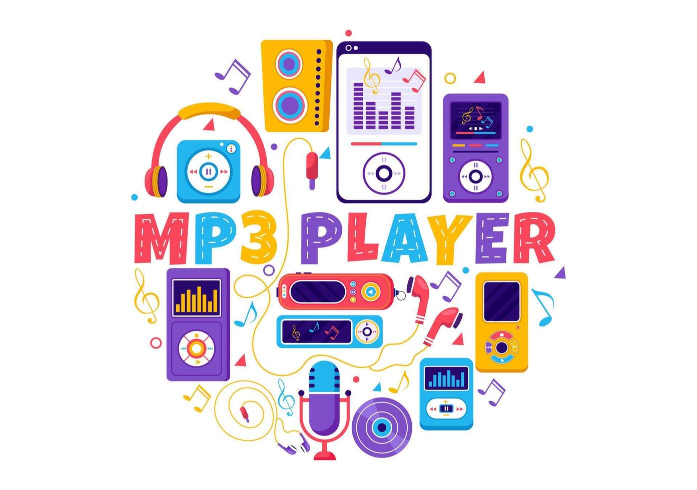 mp3 jugador vector ilustración con musical notación, auriculares, auriculares y teléfono de música escuchando dispositivos en móvil aplicación en plano antecedentes