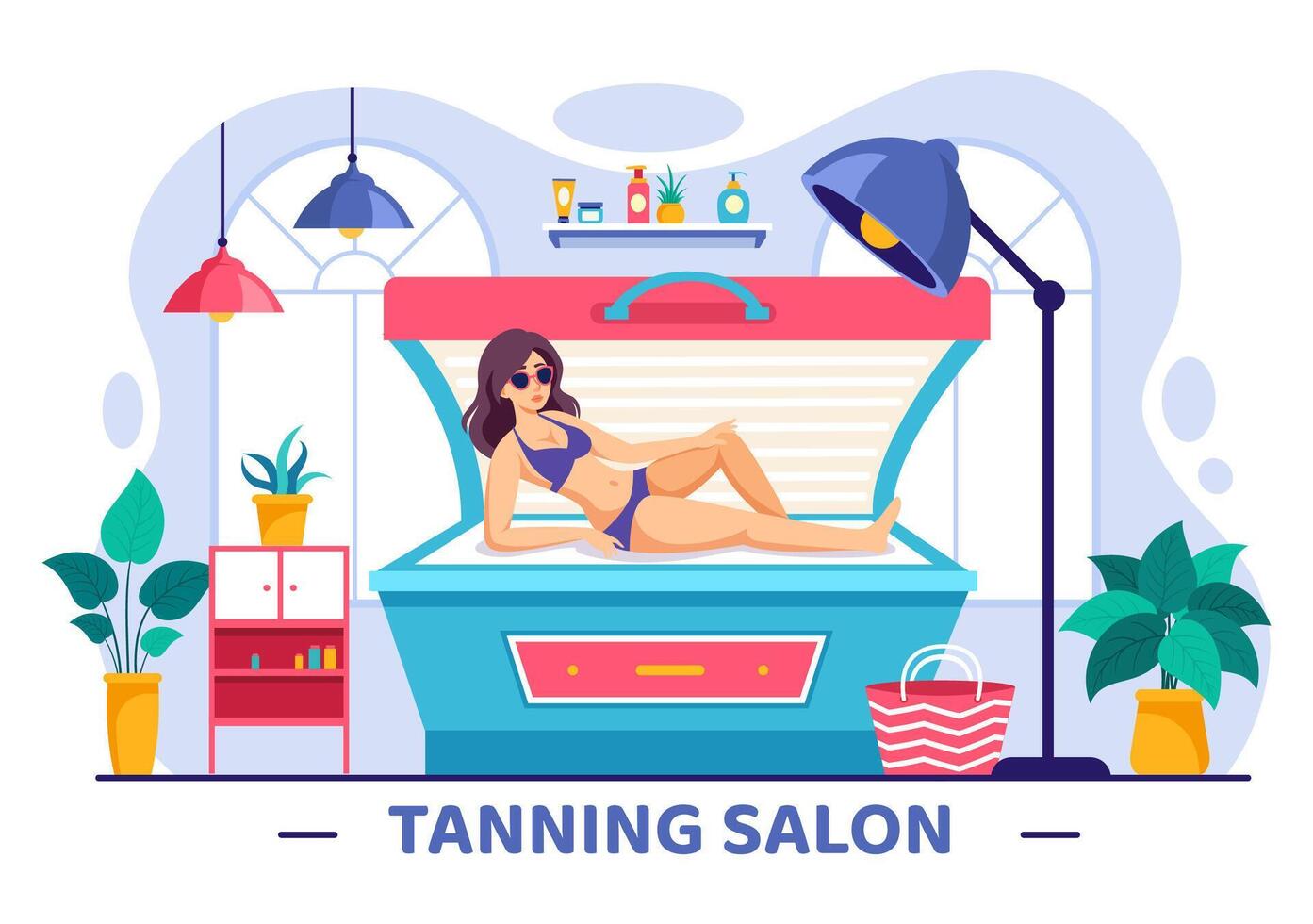 bronceado salón vector ilustración de cama procedimiento a obtener exótico piel con moderno tecnología a el spa solárium en plano dibujos animados antecedentes