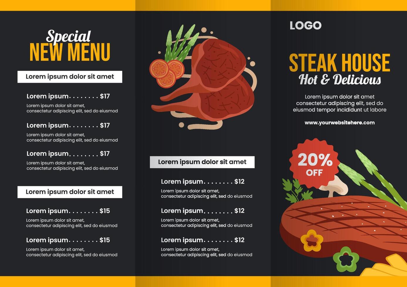Steakhouse Brochure Flat Cartoon Hand Drawn Templates Background Illustration vector