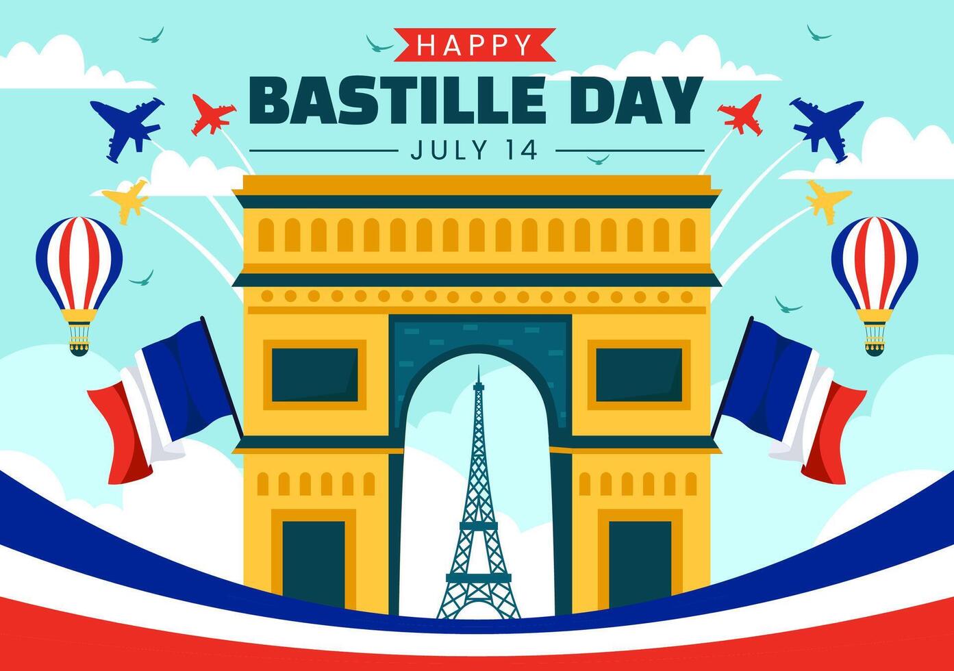 contento Bastille día vector ilustración en 14 julio con francés bandera, cinta y eiffel torre en nacional fiesta plano dibujos animados antecedentes