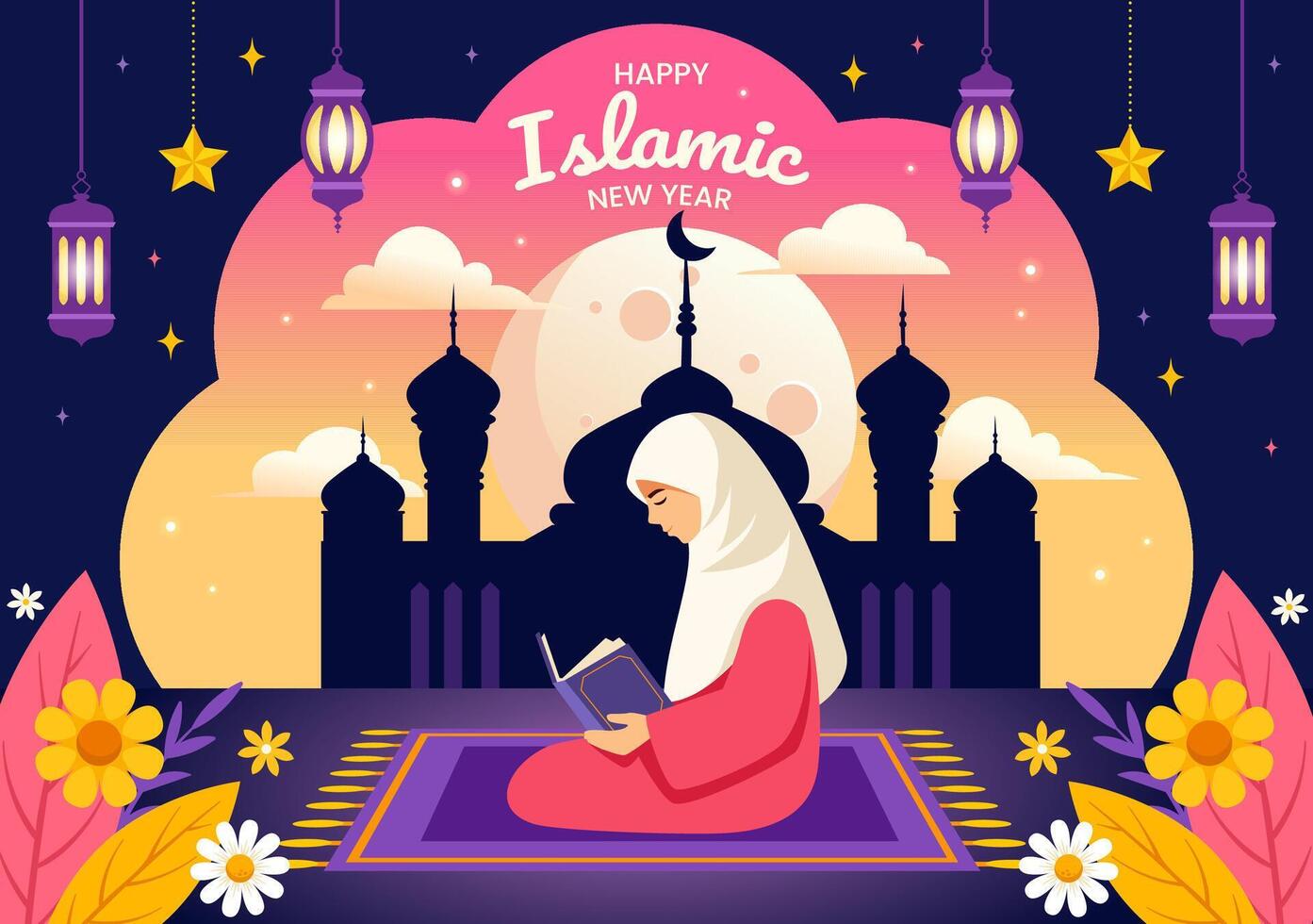 contento muharram vector ilustración de celebrando islámico nuevo año con mezquita, Luna y linterna concepto en plano niños dibujos animados antecedentes