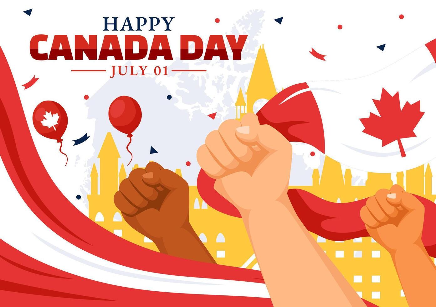 contento Canadá día vector ilustración celebracion en Primero julio con arce, mapa y cinta en nacional fiesta plano dibujos animados antecedentes