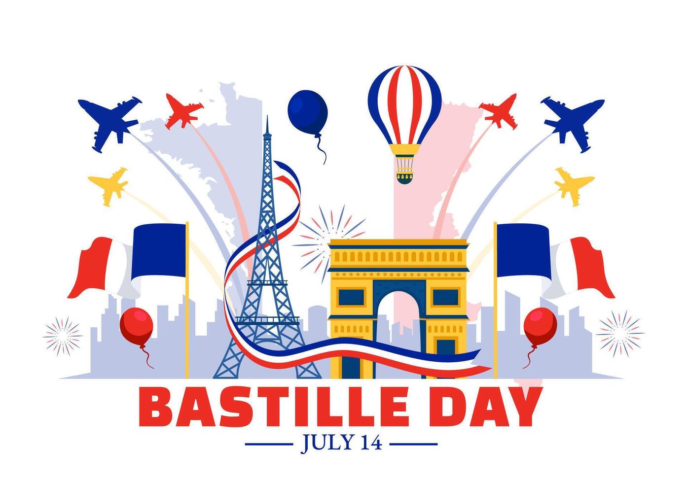 contento Bastille día vector ilustración en 14 julio con francés bandera, cinta y eiffel torre en nacional fiesta plano dibujos animados antecedentes