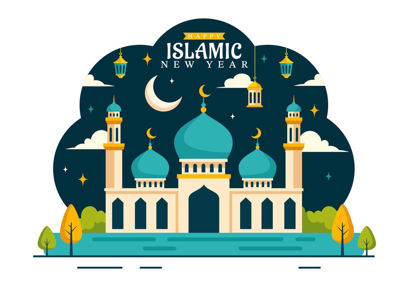 Happy Muharram Vector Illustration of Celebrating Islamic New Year with Mosque, Moon and Lantern Concept in Flat Kids Cartoon Background