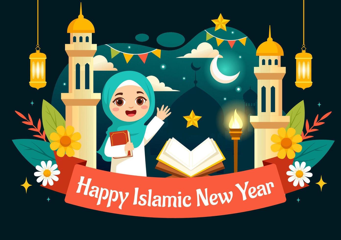 Happy Muharram Vector Illustration of Celebrating Islamic New Year with Mosque, Moon and Lantern Concept in Flat Kids Cartoon Background