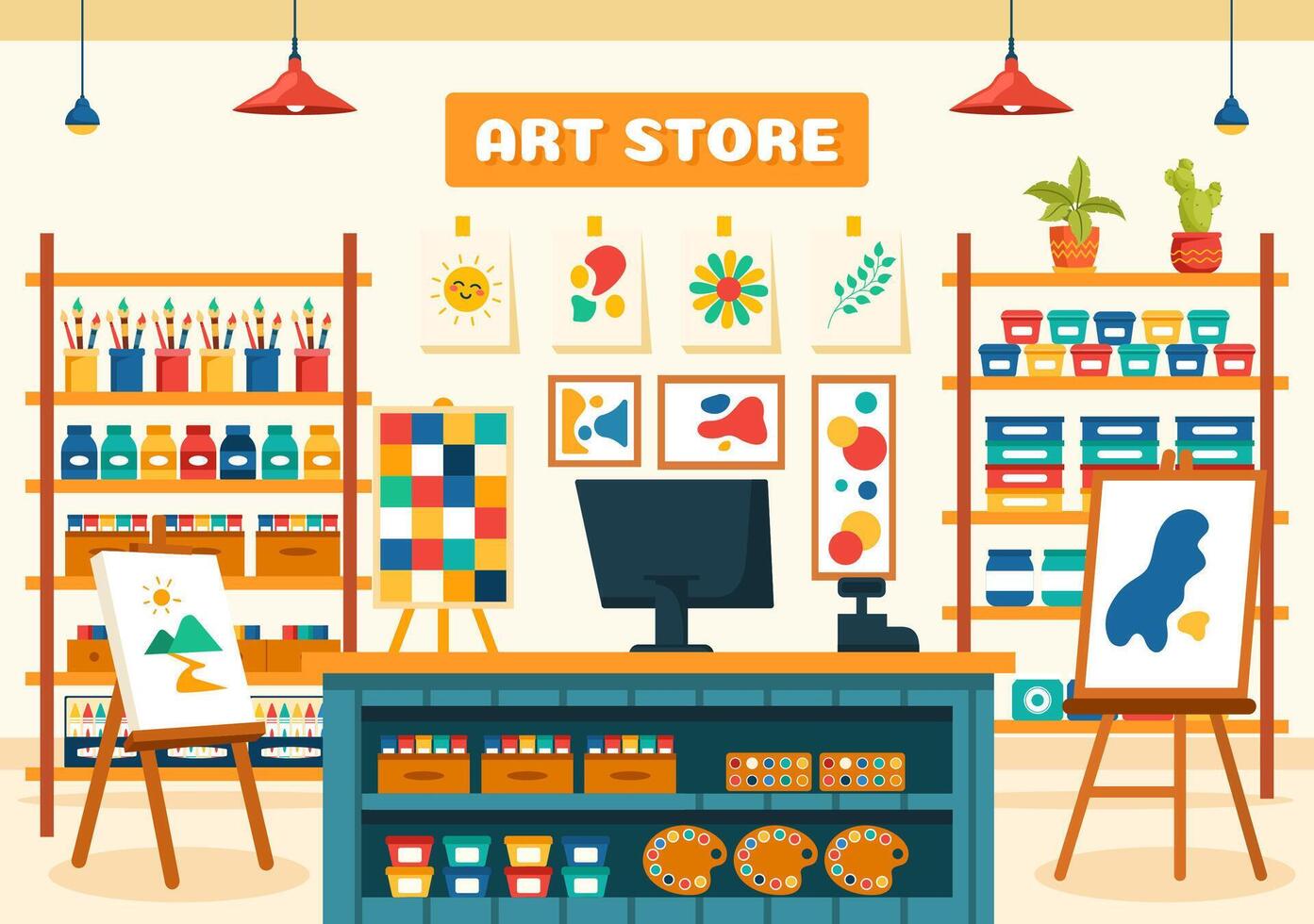 Arte Tienda vector ilustración con pintura suministros Tienda accesorios y herramientas para dibujo, artistas y diseñadores en plano dibujos animados antecedentes