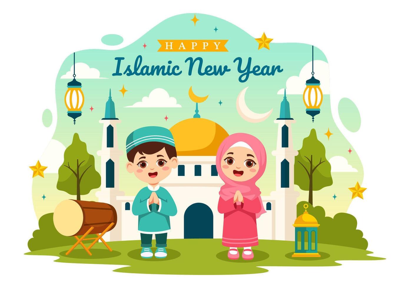 contento muharram vector ilustración de celebrando islámico nuevo año con mezquita, Luna y linterna concepto en plano niños dibujos animados antecedentes