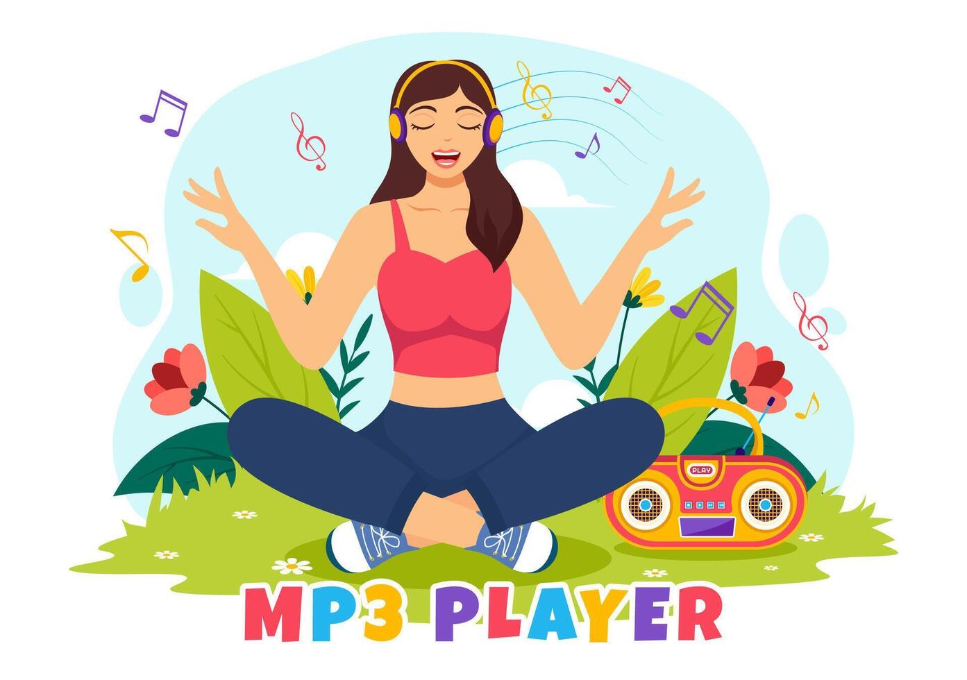 mp3 jugador vector ilustración con musical notación, auriculares, auriculares y teléfono de música escuchando dispositivos en móvil aplicación en plano antecedentes