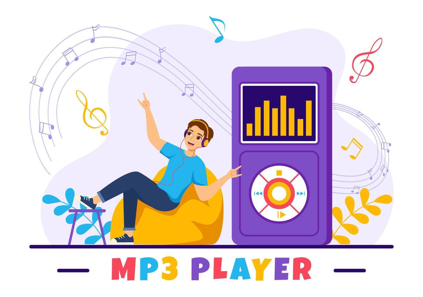 mp3 jugador vector ilustración con musical notación, auriculares, auriculares y teléfono de música escuchando dispositivos en móvil aplicación en plano antecedentes