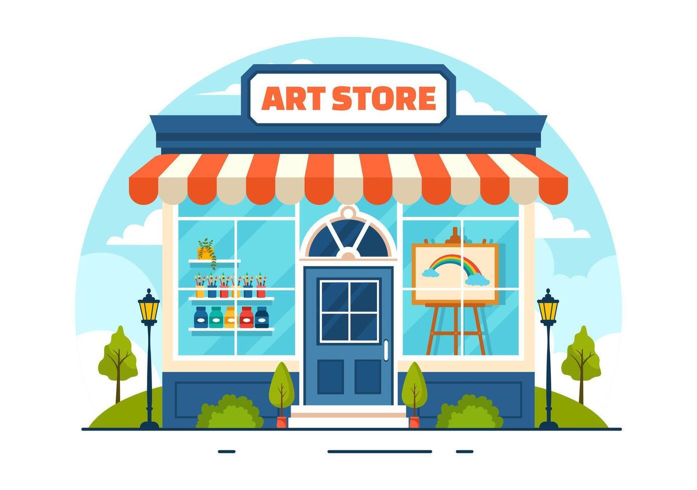 Arte Tienda vector ilustración con pintura suministros Tienda accesorios y herramientas para dibujo, artistas y diseñadores en plano dibujos animados antecedentes