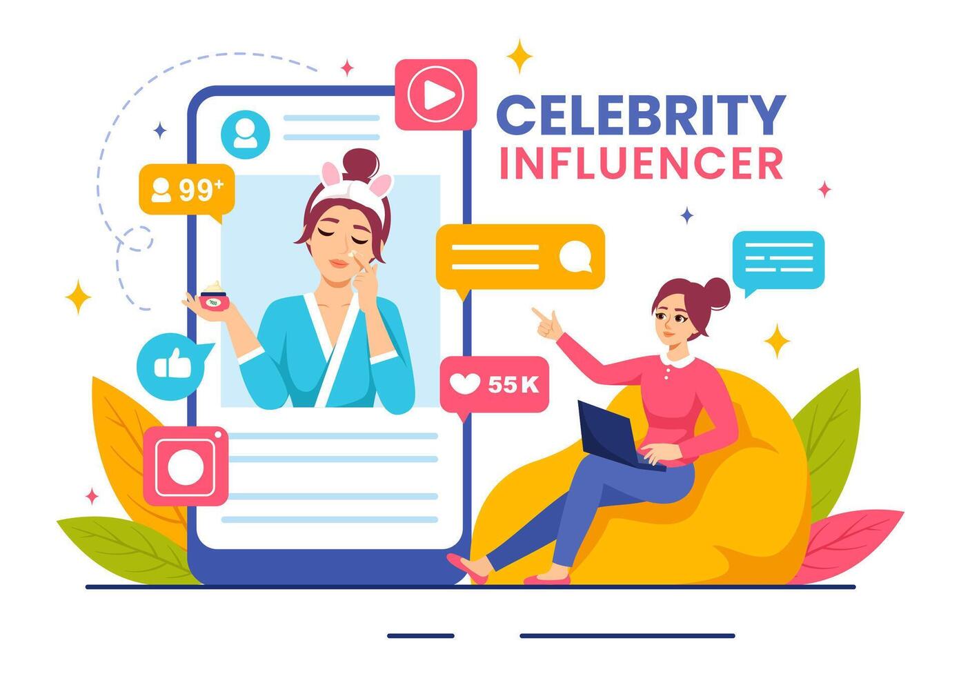 Celebrity Influencers Vector Illustration with Posts on Internet for Advertising Marketing, Daily Life or Endorse in Flat Cartoon Background