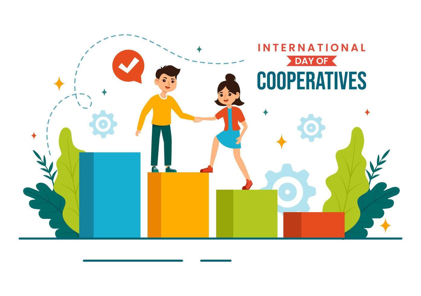 internacional día de cooperativas vector ilustración en 6 6 julio con personas a el complementario metas de el unido naciones en plano antecedentes