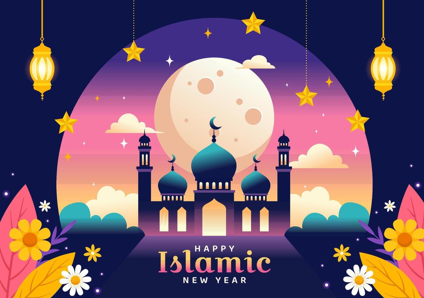 contento muharram vector ilustración de celebrando islámico nuevo año con mezquita, Luna y linterna concepto en plano niños dibujos animados antecedentes