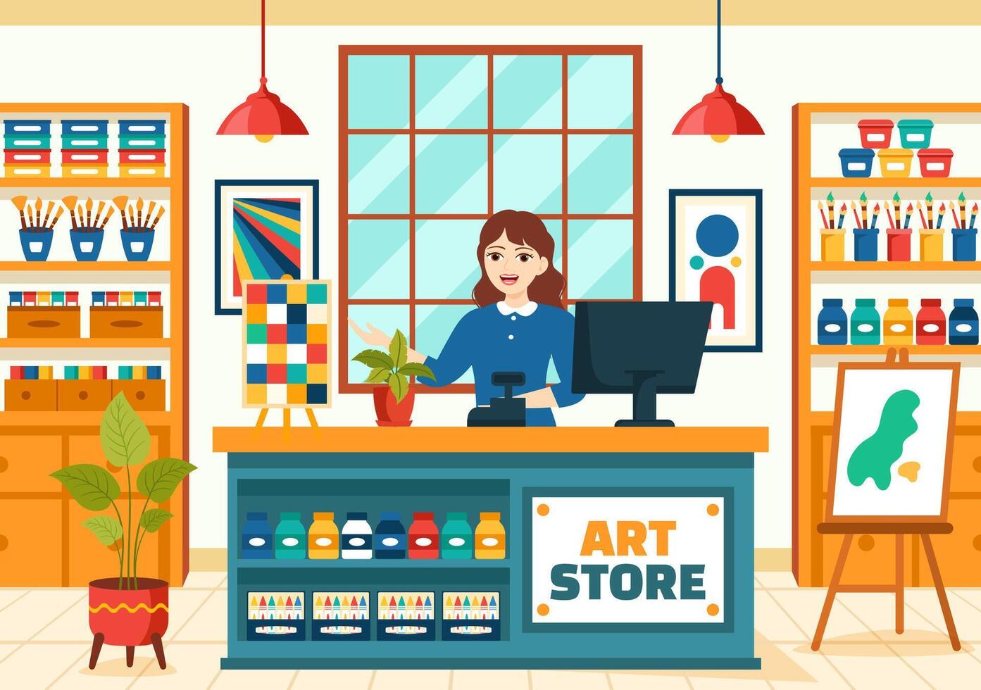 Arte Tienda vector ilustración con pintura suministros Tienda accesorios y herramientas para dibujo, artistas y diseñadores en plano dibujos animados antecedentes