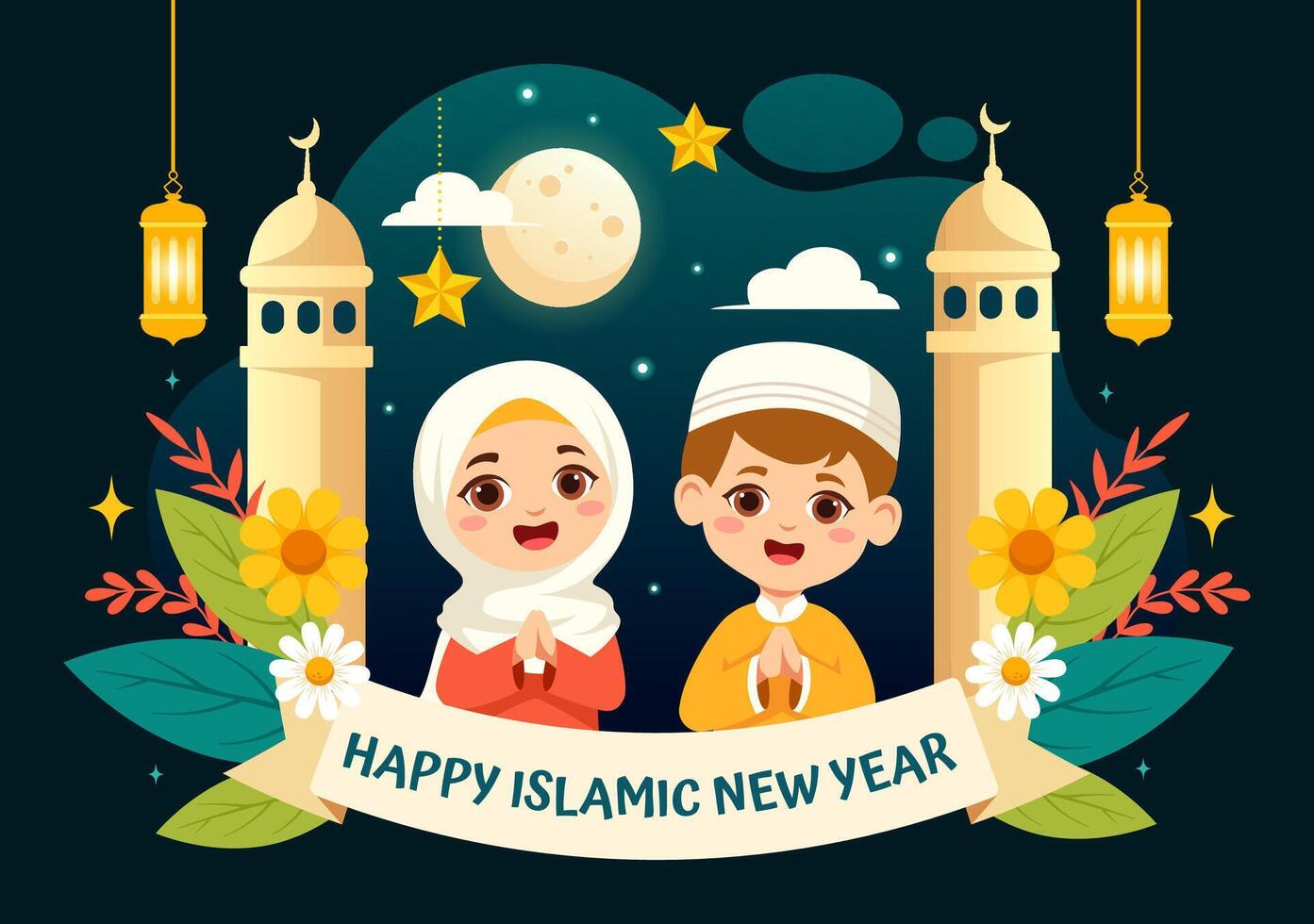 Happy Muharram Vector Illustration of Celebrating Islamic New Year with Mosque, Moon and Lantern Concept in Flat Kids Cartoon Background