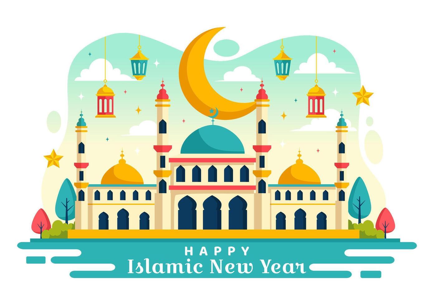 contento muharram vector ilustración de celebrando islámico nuevo año con mezquita, Luna y linterna concepto en plano niños dibujos animados antecedentes