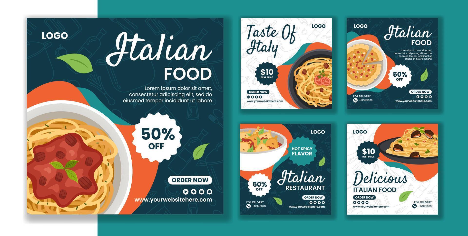 Italian Food Social Media Post Flat Cartoon Hand Drawn Templates Background Illustration vector