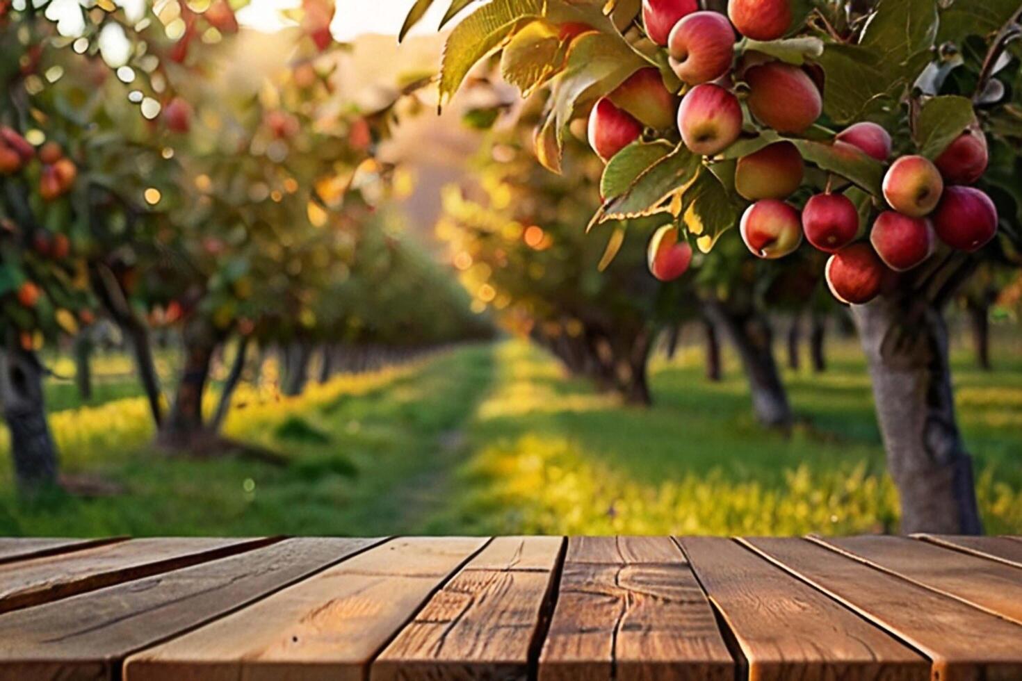 AI generated Wooden table apple orchard and blurred background. photo