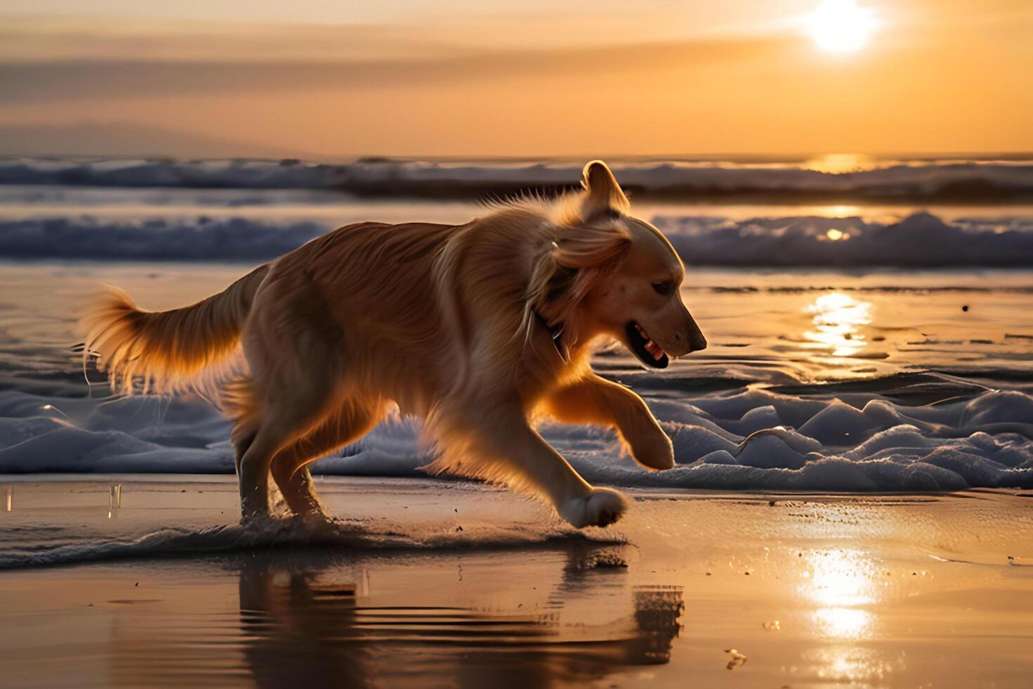 AI generated Poster with a dog playing  on a  beach in front of the sea photo