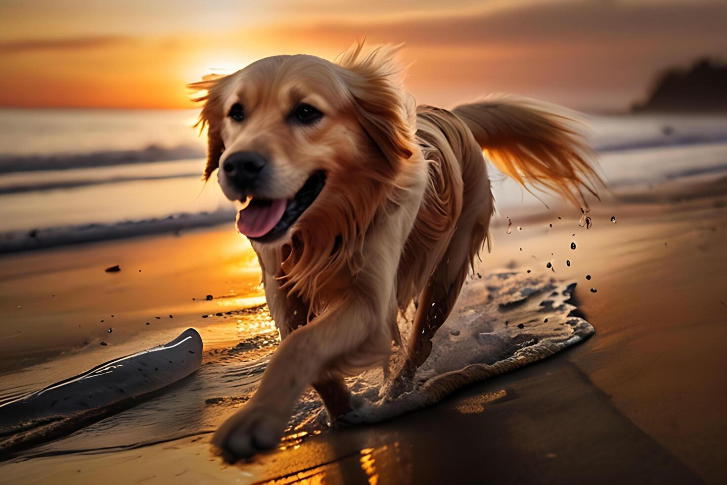 AI generated Poster with a dog playing  on a  beach in front of the sea photo
