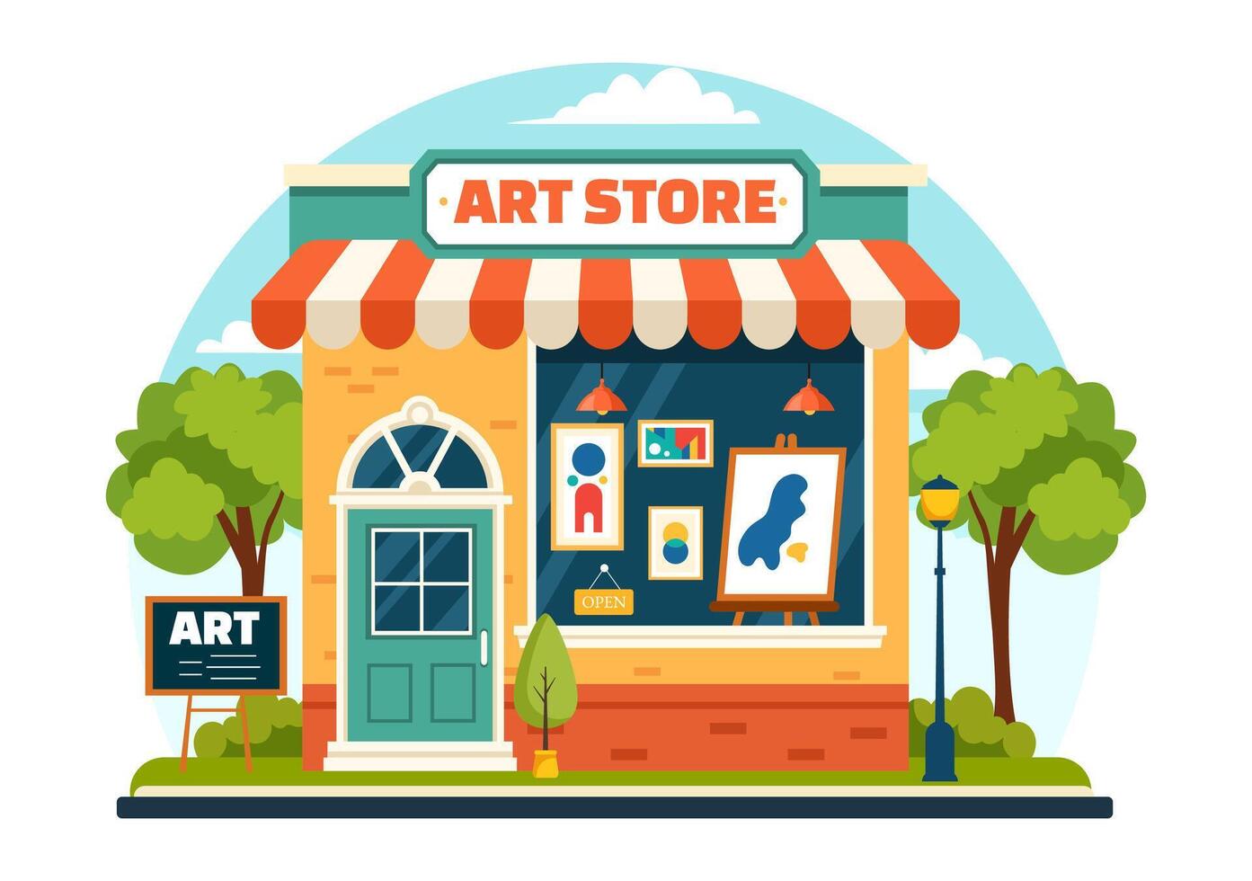 Arte Tienda vector ilustración con pintura suministros Tienda accesorios y herramientas para dibujo, artistas y diseñadores en plano dibujos animados antecedentes