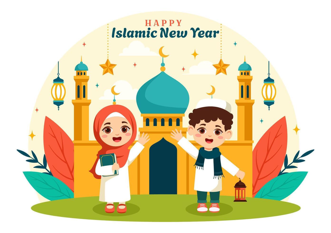 contento muharram vector ilustración de celebrando islámico nuevo año con mezquita, Luna y linterna concepto en plano niños dibujos animados antecedentes