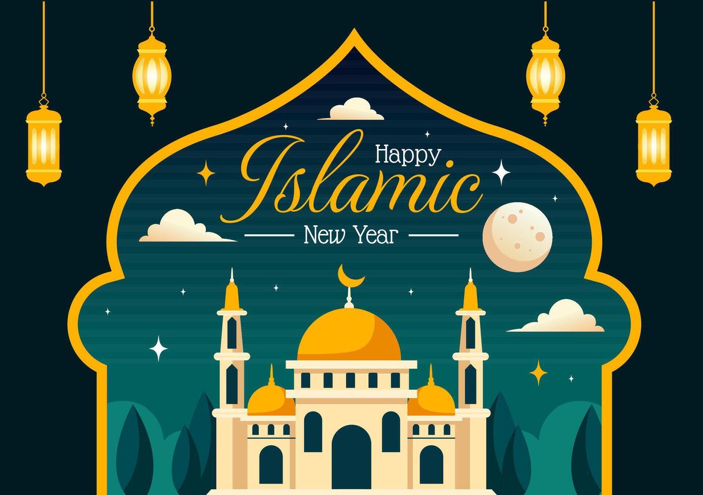 contento muharram vector ilustración de celebrando islámico nuevo año con mezquita, Luna y linterna concepto en plano niños dibujos animados antecedentes