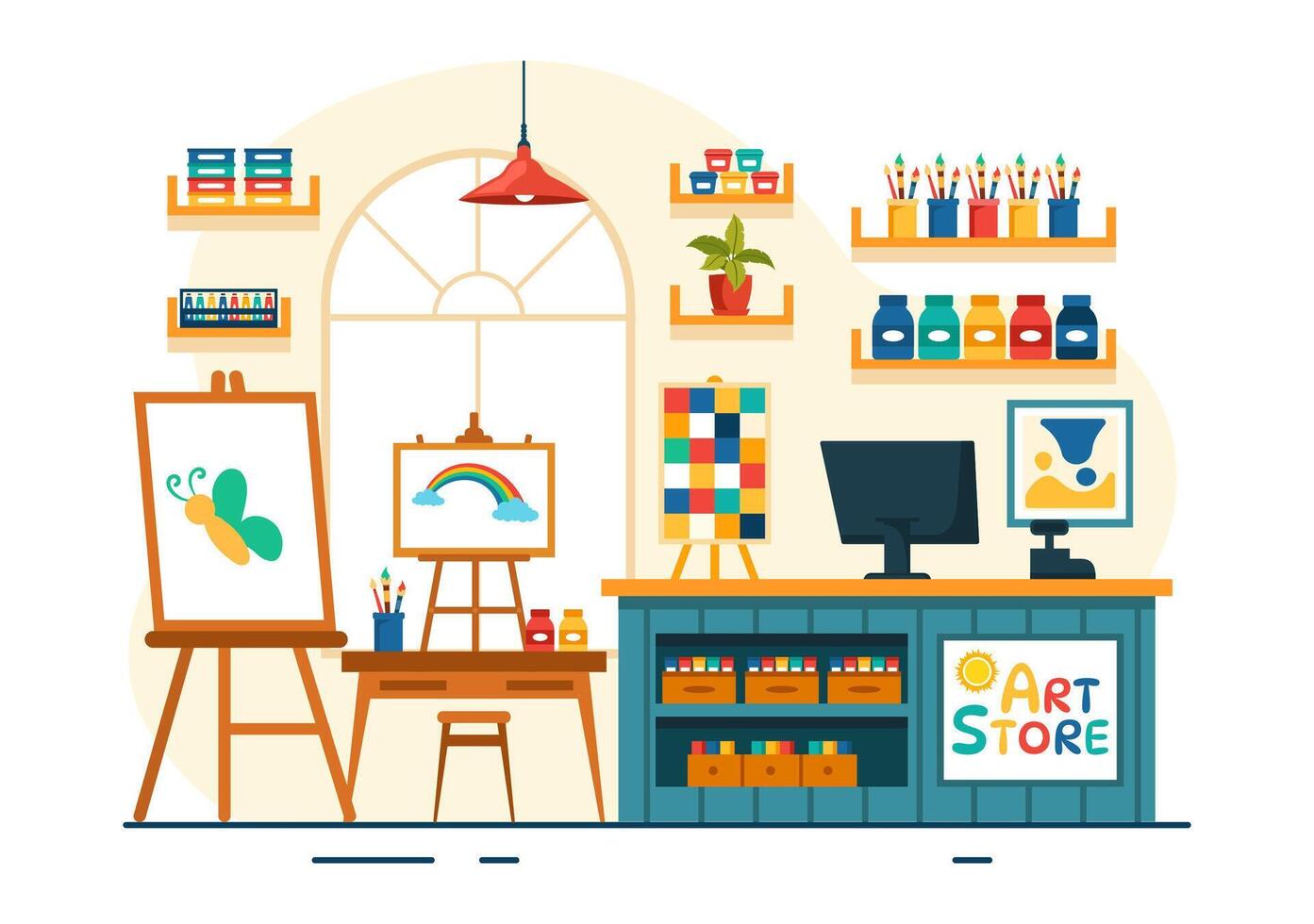 Art Store Vector Illustration with Painting Supplies Store Accessories and Tools for Drawing, Artists and Designers on Flat Cartoon Background