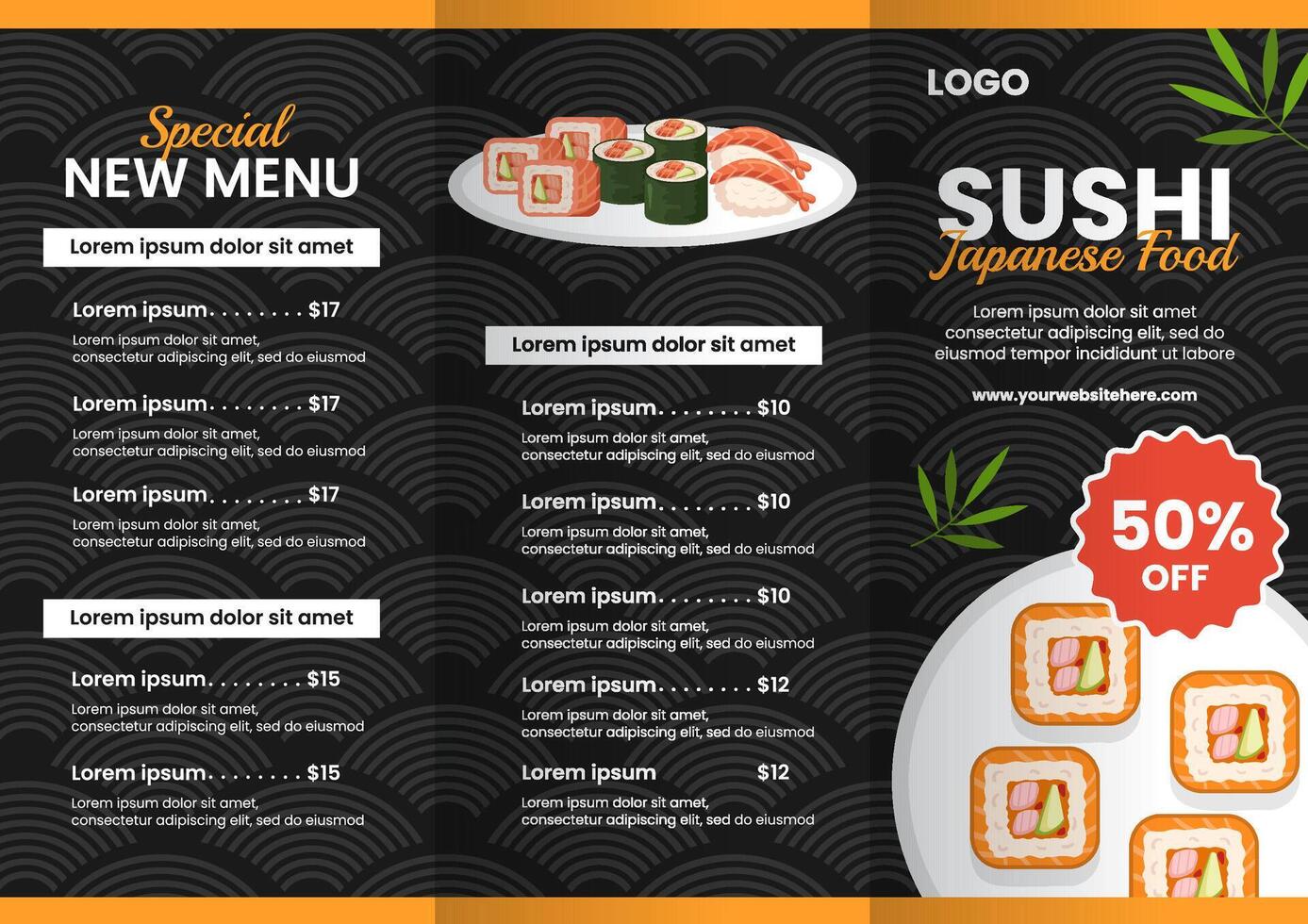 Sushi Japanese Food Brochure Flat Cartoon Hand Drawn Templates Background Illustration vector