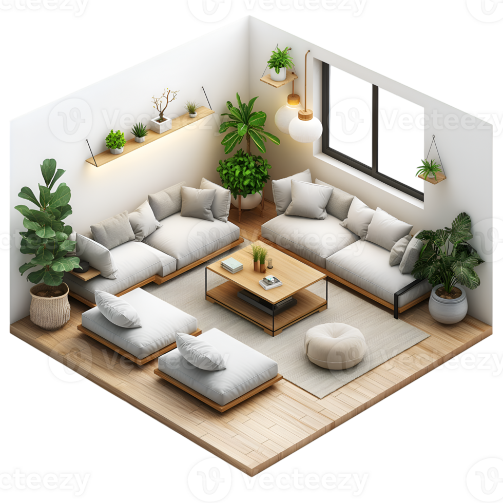 AI generated living room ,isometric on transparent background png