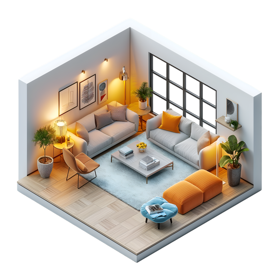 AI generated living room ,isometric on transparent background png